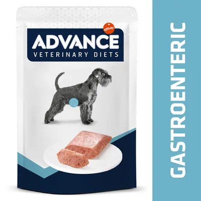 ADVANCE Veterinary Diets Gastroenteric hondenvoer, afbeelding van een hond en natvoer op een bord, merknaam affinity zichtbaar op de verpakking.
