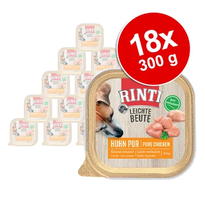 Набор из 18 упаковок по 300 г Rinti Leichte Beute Huhn Pur. На упаковке изображён кусочки курицы, собака и надписи: калорийность снижена, легкоусвояемо.