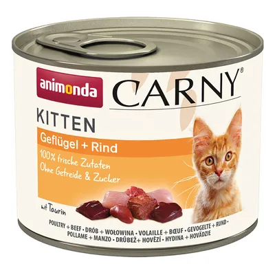 Animonda Carny Kitten fjerkræ + oksekød, 100% friske ingredienser, uden korn og sukker, med taurin. Dåse med kattemotiv.