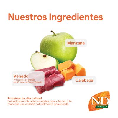 Ingredientes: manzana, calabaza, carne de ciervo de granjas certificadas de Nueva Zelanda. Proteínas de alta calidad para una alimentación equilibrada. Marca N&D Pumpkin visible.