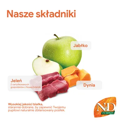 Składniki: jabłka, dynia, mięso z jelenia z certyfikowanych nowozelandzkich gospodarstw. Wysokiej jakości białko jaja dla naturalnie zbilansowanego posiłku. Logo N&D Pumpkin widoczne.