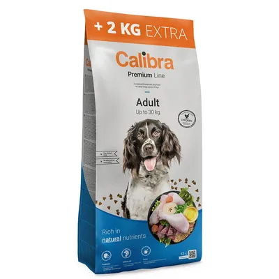 Calibra Premium Line Adult hondenvoer, tot 30 kg, +2 kg extra, kip, rijk aan natuurlijke voedingsstoffen, verpakking van 12 kg zichtbaar met afbeelding van hond en ingrediënten.