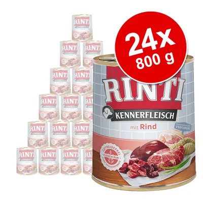 RINTI Kennerfleisch mit Rind -koiran märkäruoka, 24 x 800 g säilykepakkaus. Etiketissä naudanlihan kuva ja teksti: getreidefrei, fleisch pur.
