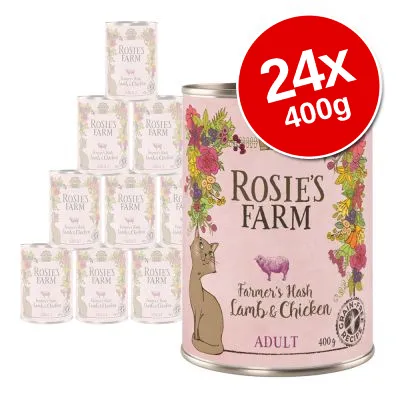 Rosie’s Farm Farmer’s Hash Lamb & Chicken Adult, 24 x 400g tins, grain-free recipe. Pink label with cat illustration and floral border. Large red badge shows 24x 400g.
