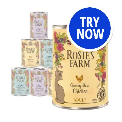 Selection of Rosie's Farm tins with visible flavours including Chunky Stew Chicken Adult. Blue badge reads TRY NOW. Grain-free recipe text shown on front tin.