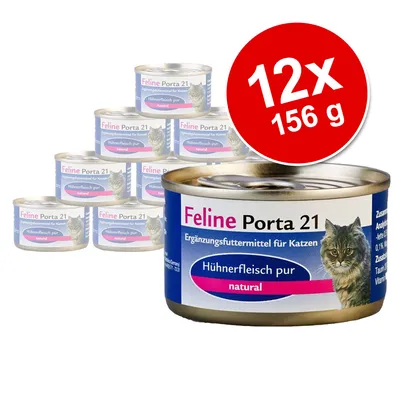 Feline Porta 21, Ergänzungsfuttermittel für Katzen, Hühnerfleisch pur natural, balení 12×156 g. Německý a anglický text na obalu, obrázek kočky.