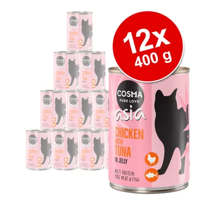 Zestaw 12 puszek Cosma Asia Chicken with Tuna in Jelly, każda 400 g. Na etykiecie widoczny czarny kot, napisy: multi protein, pure meat & fish.