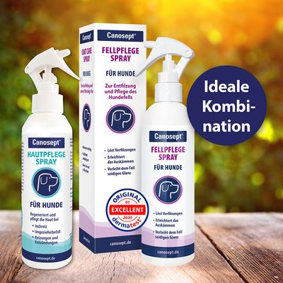 Canosept Hautpflege Spray i Fellpflege Spray dla psów. Widoczne opakowania z informacjami: regeneruje skórę, ułatwia rozczesywanie, nadaje sierści połysk. Oznaczenie 'EXCELLENT dermatest 2020'.