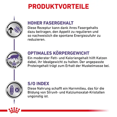 Produktvorteile: Hoher Fasergehalt zur Regulierung des Appetits, optimales Körpergewicht durch moderaten Fett- und Kaloriengehalt, S/O Index zur Reduzierung von Struvit- und Oxalat-Kristallen.
