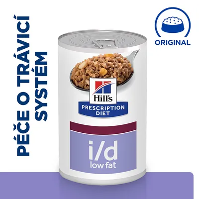 Konzerva Hill's Prescription Diet i/d low fat, viditeľný nápis „PÉČE O TRÁVICÍ SYSTÉM“, označenie ORIGINAL, zobrazené krmivo na lyžici.