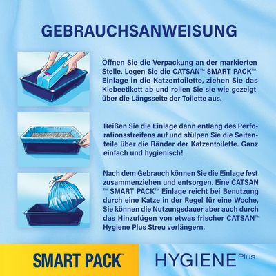 Gebrauchsanweisung für CATSAN SMART PACK: Einlage ausrollen, Perforationsstreifen abreissen, Seiten über Katzentoilette stülpen. Entsorgung nach Gebrauch. Nutzung mit Hygiene Plus Streu verlängerbar.