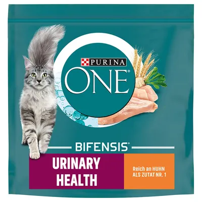 Purina ONE Bifensis Urinary Health, с высоким содержанием курицы в качестве ингредиента №1, упаковка с изображением кошки, пшеницы и кусочков курицы.