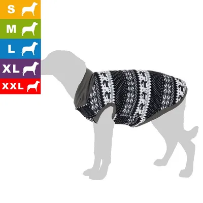 Größenübersicht für Hundebekleidung: S, M, L, XL, XXL mit farbigen Symbolen und Hund in gemustertem Mantel Größenübersicht für Hundebekleidung: S, M, L, XL, XXL mit farbigen Symbolen und Hund in gemustertem Mantel