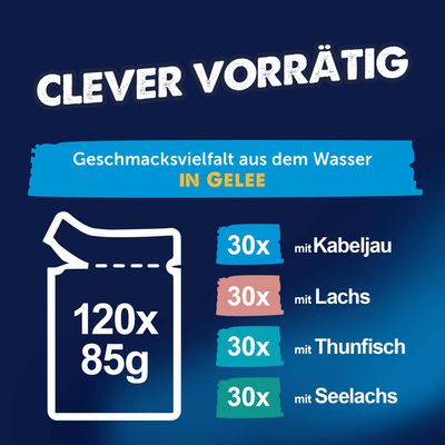 120x85g Portionsbeutel, Geschmacksvielfalt aus dem Wasser in Gelee: 30x Kabeljau, 30x Lachs, 30x Thunfisch, 30x Seelachs.