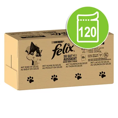 Purina Felix As Good As It Looks. 120 pouches with beef, chicken, tuna and salmon in jelly. 100% balanced ingredients without artificial flavourings.