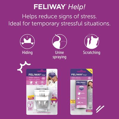 Feliway Help reduces signs of stress such as hiding, urine spraying and scratching. Suitable for temporary stressful situations. Image shows 7 day supply diffuser and refill pack.