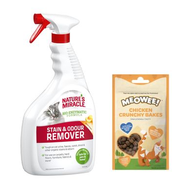 Spray Nature's Miracle Oxy Formula Set-In Stain Remover, texte visible : Safe for pets & home, pour tapis, sols durs, meubles, tissus. Photo d’un chat sur l’étiquette.