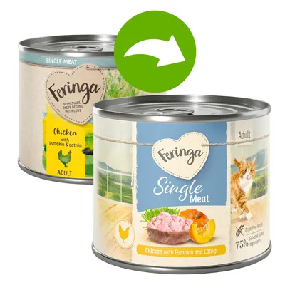 Two tins of Feringa Single Meat, Chicken with Pumpkin and Catnip for adult pets. Front tin highlights grain-free recipe, 75% selected animal ingredients, and visible product change arrow.
