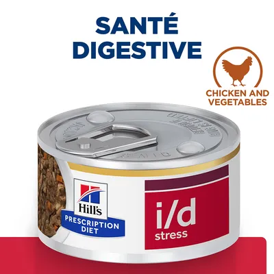 Boîte Hill's Prescription Diet i/d stress, mention Santé digestive, texte Chicken and Vegetables en anglais, image de poulet. Étiquette visible sur la boîte.