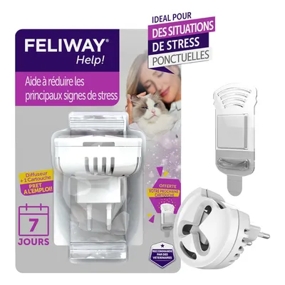 FELIWAY Help! Diffuseur + 1 cartouche, aide à réduire les principaux signes de stress chez le chat, prêt à l'emploi, 7 jours, recommandé par des vétérinaires. Offre prochaine cartouche.