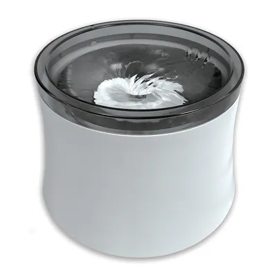 White drinking fountain with transparent lid and bubbling water inside, suitable for pets. White drinking fountain with transparent lid and bubbling water inside, suitable for pets.