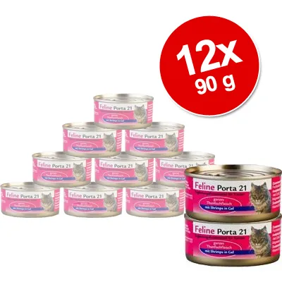 Feline Porta 21 dåsemad til kat, 12 x 90 g. Synlige dåser med lyserød etiket og billede af kat. Tekst: 'Thunfischfleisch mit Shrimps in Gel'.