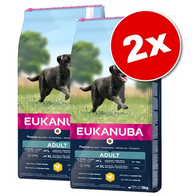 Lot de 2 sacs Eukanuba Adult, croquettes pour chien, visible : XL grandes races, riche en poulet frais, 15 kg chacun, texte en anglais, français, allemand et néerlandais. Lot de 2 sacs Eukanuba Adult, croquettes pour chien, visible : XL grandes races, riche en poulet frais, 15 kg chacun, texte en anglais, français, allemand et néerlandais.