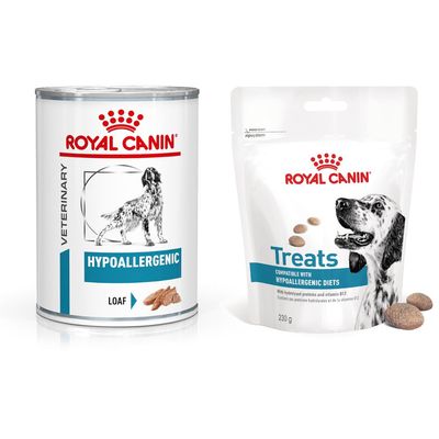12 x 400g Royal Canin Wet Dog Food + 3 x 230g Dog Treats Free! * Veterinary Canine Hypoallergenic Loaf (12 x 400g) + Hypoallergenic Treats (3 x 230g)