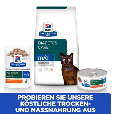 Hill's Prescription Diet Diabetes Care m/d -kuiva- ja märkäruokapakkaukset kissalle, pakkauksissa näkyy tuotemerkki ja tuotenimi. Alhaalla saksankielinen mainosteksti.