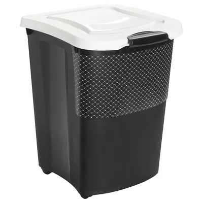 Black and white plastic storage container with a patterned front panel and a hinged lid, suitable for storing dry goods or pet food.