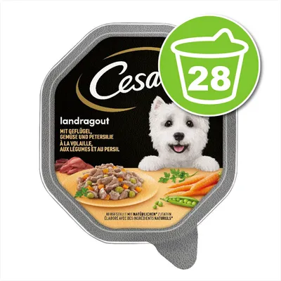 Barquette Cesar landragout à la volaille, aux légumes et au persil. Texte : élaboré avec des ingrédients naturels. Icône verte avec chiffre 28.