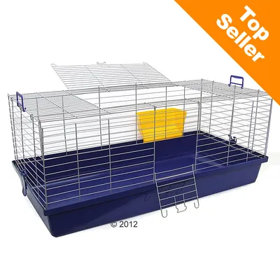 Kleintierkäfig mit Metall-Gitterwänden, blauem Kunststoffboden und gelbem Zubehör. Orangefarbene Ecke mit Text 'Top Seller'.