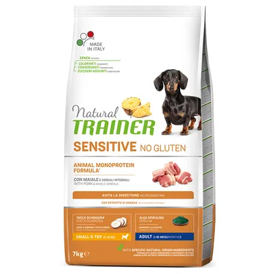 Natural Trainer Sensitive No Gluten, Animal Monoprotein Formula med svinekød og fuldkorn, Made in Italy, understøtter fordøjelsen med ananasekstrakt, til små hunde 1-10 kg. Natural Trainer Sensitive No Gluten, Animal Monoprotein Formula med svinekød og fuldkorn, Made in Italy, understøtter fordøjelsen med ananasekstrakt, til små hunde 1-10 kg.