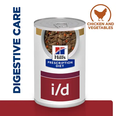 Digestive care food with chicken and vegetables, Hill's Prescription Diet i/d shown on can label.