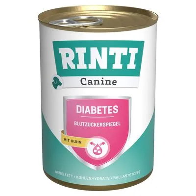 RINTI Canine natvoer, labeltekst: DIABETES BLUTZUCKERSPIEGEL, mit Huhn. Onderaan: weinig vet, koolhydraten, ballaststoffen. Tekst deels in het Duits.