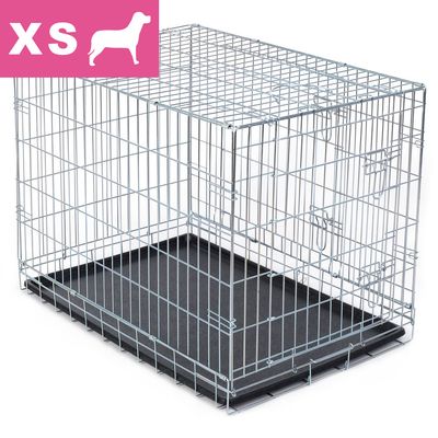 Metalowa klatka dla psa z czarną plastikową tacą, rozmiar XS widoczny w lewym górnym rogu na różowym tle z ikoną psa.