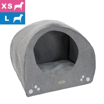 Niche grise en tissu pour chien, forme cabane, coussin intérieur. Icônes indiquant tailles XS et L visibles en haut à gauche.