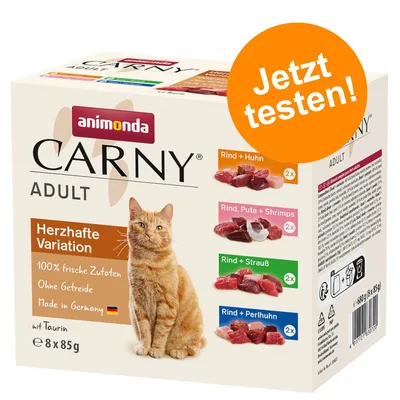 Animonda Carny Adult, Herzhafte Variation. 100% frische Zutaten, ohne Getreide, Made in Germany. Sorten: Rind + Huhn, Rind, Pute + Shrimps, Rind + Strauss, Rind + Perlhuhn. Jetzt testen!