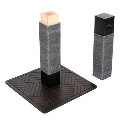 Kratzsäule mit Holzsockel und austauschbarem Sisal-Element, modernes Design in Schwarz und Grau.
