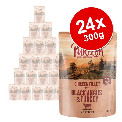 Purizon Chicken Fillet with Black Angus & Turkey pour chiens adultes, lot de 24 sachets de 300 g, 45 % filet de poulet visible sur l’emballage.