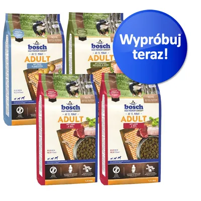 bosch ADULT karma dla psów, cztery różne warianty opakowań 1 kg. Niebieskie kółko z napisem: Wypróbuj teraz!