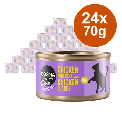 Cosma Duo Layer Chicken Mousse med kycklingflingor, 24 burkar à 70g. Lila förpackning med svart kattmotiv och gul text.