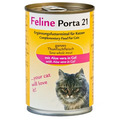 Feline Porta 21, alimento complementare per gatti, carne intera di tonno con aloe vera in gel. Testo visibile: ...your cat will love it! Immagine di un gatto sulla confezione. Feline Porta 21, alimento complementare per gatti, carne intera di tonno con aloe vera in gel. Testo visibile: ...your cat will love it! Immagine di un gatto sulla confezione.