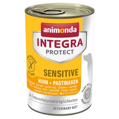 Консерва animonda INTEGRA PROTECT Sensitive, курица и пастернак, без зерна, Veterinary Diet. Видны надписи: Huhn + Pastinaken, SENSITIVE, URINARY PH 6,5–6,7.
