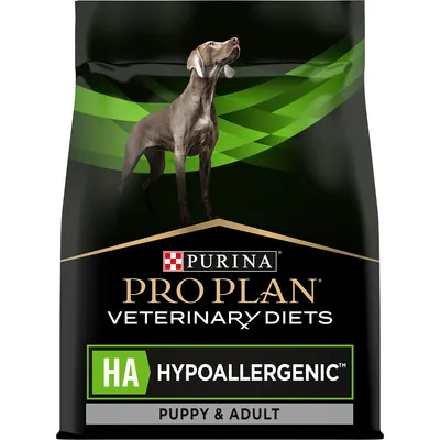 Purina Pro Plan Veterinary Diets HA Hypoallergenic food for puppy and adult, as shown on packaging. Purina Pro Plan Veterinary Diets HA Hypoallergenic food for puppy and adult, as shown on packaging.