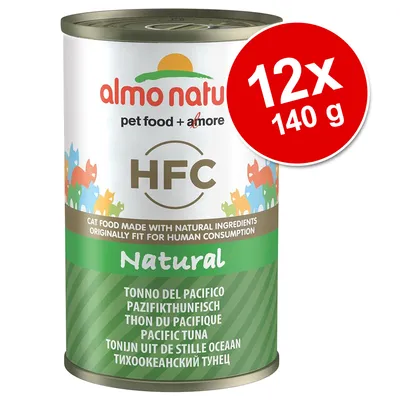 Conservă Almo Nature HFC Natural, Pacific Tuna, 12x140 g. Text vizibil: pet food + amore, cat food made with natural ingredients originally fit for human consumption.