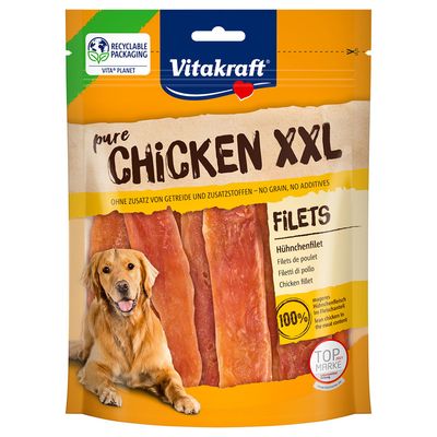 Vitakraft pure Chicken XXL fillets, grain-free, no additives. Packaging with less plastic. Lean chicken meat, 100% meat content. Top Brand 2021.