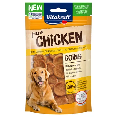 Vitakraft pure Chicken Coins, piščančji medaljoni brez žit in dodatkov. Manj plastike, reciklirana embalaža. 100 % pusto piščančje meso. Top znamka 2021.