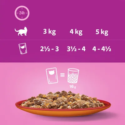 Conseils d’alimentation pour chat : 3 kg 2½–3 sachets, 4 kg 3½–4 sachets, 5 kg 4–4½ sachets par jour. 1 sachet équivaut à 16 g de croquettes.