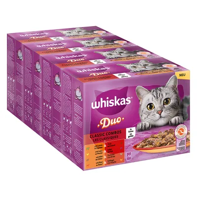 Multipack Whiskas Duo Les Classiques, 12 sachets en gelée. Saveurs visibles : agneau, canard, poulet, dinde, gibier, bœuf. Image de chat gris sur l’emballage.